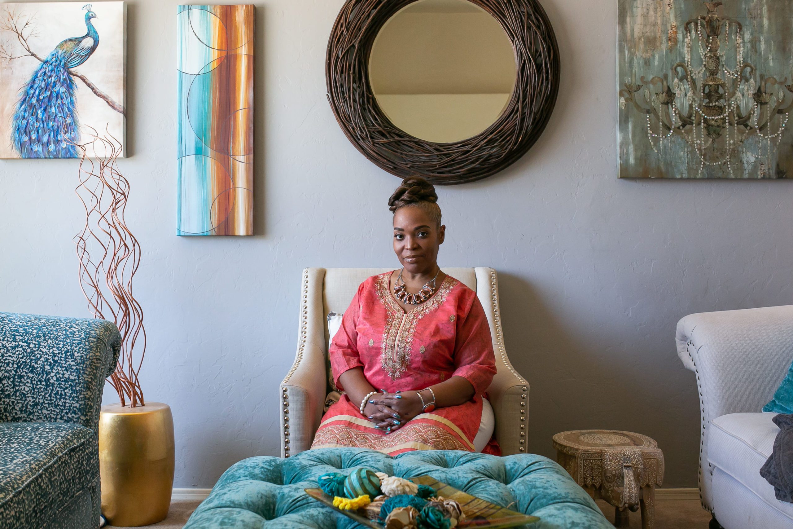 Jennifer O'Neill, psychologist poses in her home for Kathleen Dreier Photograph's Voices of Race Portrait social change series.