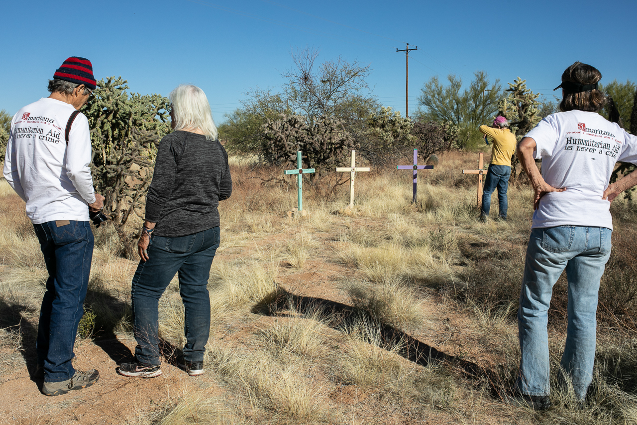 Members of Tucson Samaritans stop at roadside shines denoting where immigrants died in the desert while attempting to find their way to a better life in the United States.
