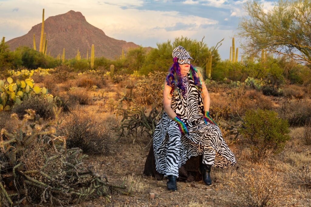 Dallas, wearing layers of her zebra-theme clothes sits in the desert off of McCain Loop and Gates Pass in Tucson AZ. This is the first image of her birthday portrait series. Photo by Kathleen Dreier Photography.